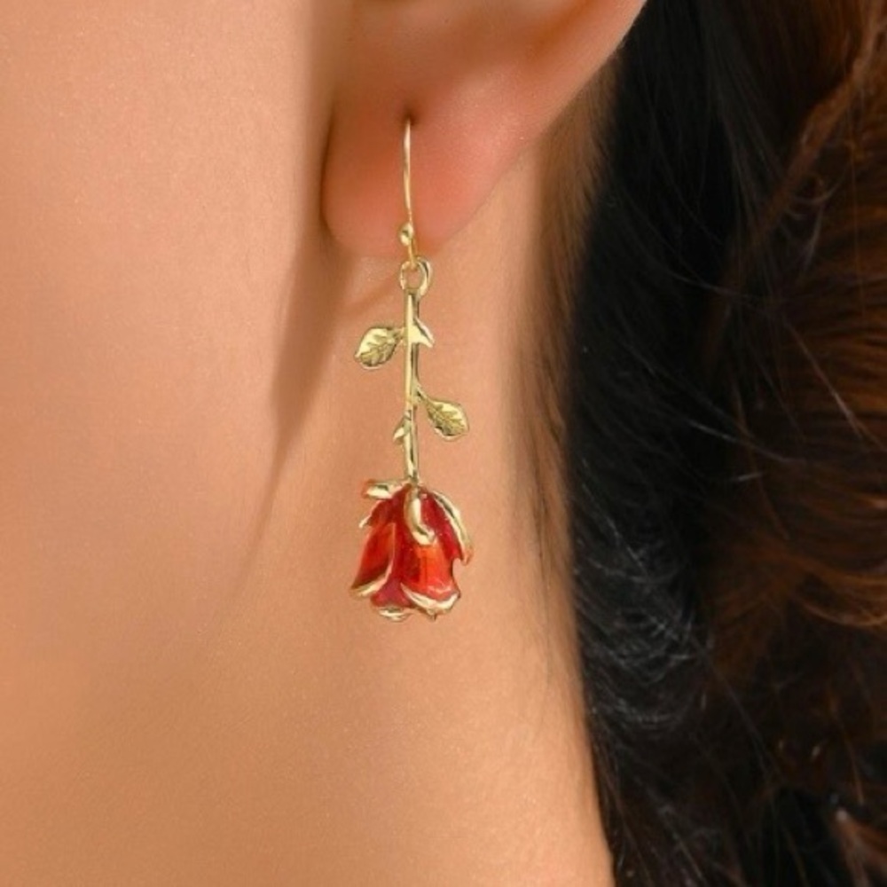 Elegant Gold and Red Rose Drop Earrings